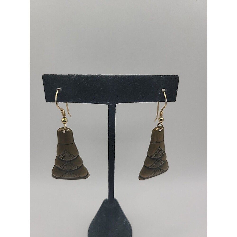 Boho Brass Tone Dangle Earrings Etched Fan Tribal Geometric Artisan Drop Earring